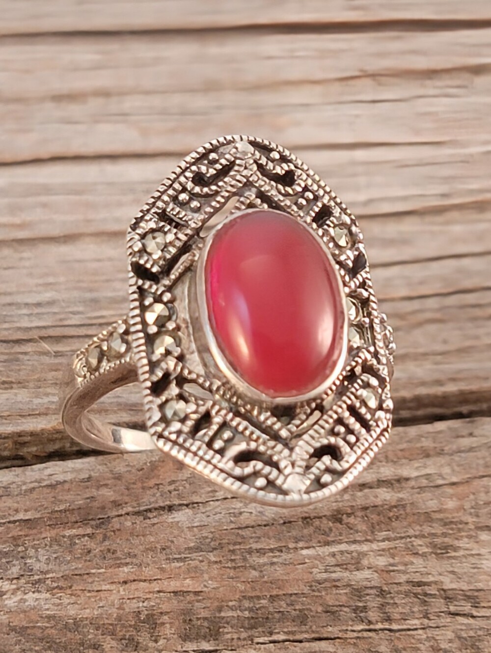 Sterling Art Deco Oval Carnelian Cab Marcasite Ring